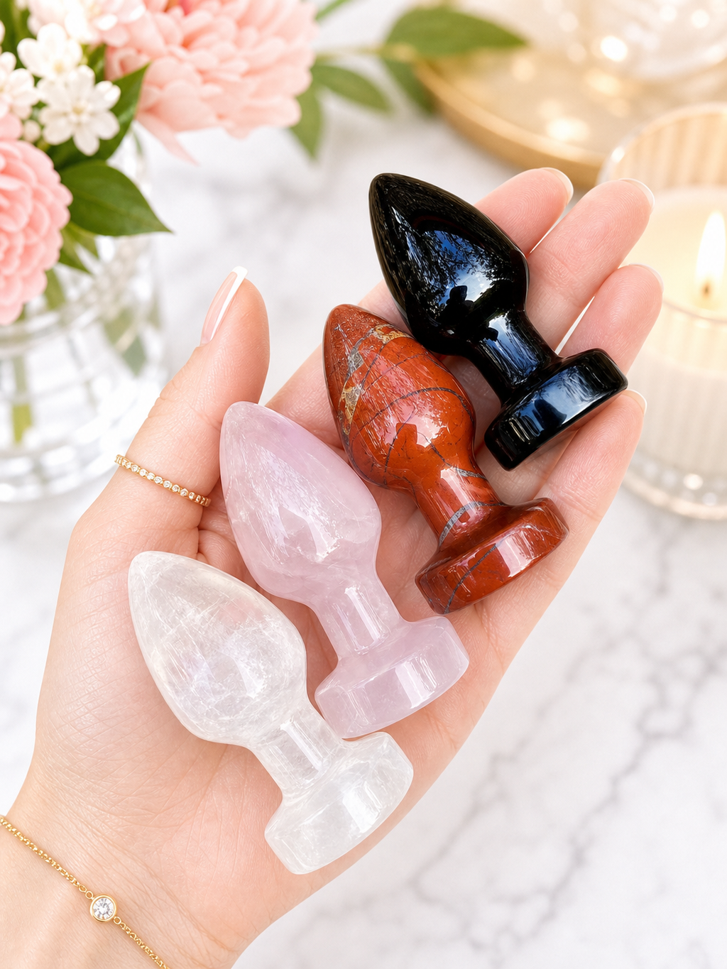 Clear Quartz, Rose Quartz, Red Jasper, Obsidian Crystal Massage Wand