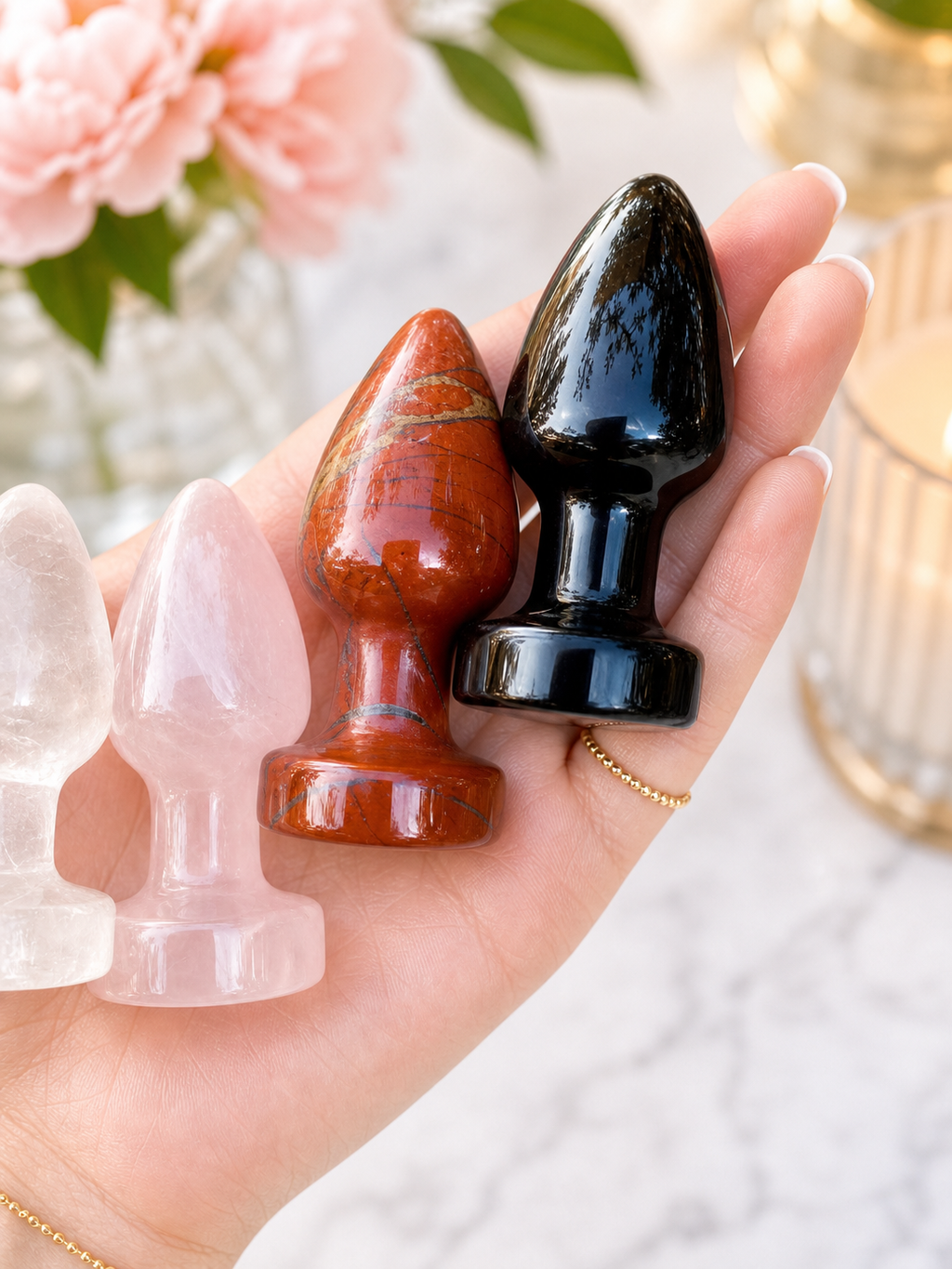Clear Quartz, Rose Quartz, Red Jasper, Obsidian Crystal Massage Wand
